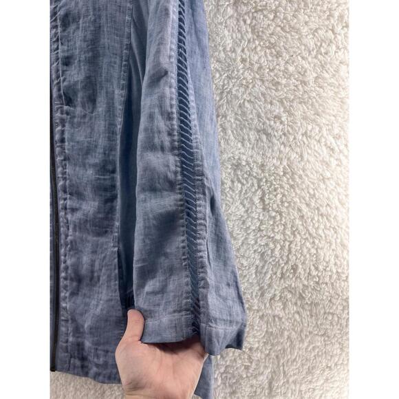 XCVI Mind Set Size XL Blue Linen Zip-Up Light Jacket Knit Trim Front 3/4 Sleeve - Picture 4 of 9